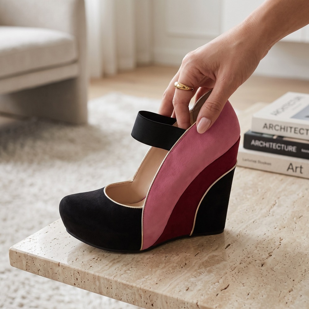 Worthington Wedge Heels Womens 8 Colorblock Pink Black Platform Mary Jane Y2K